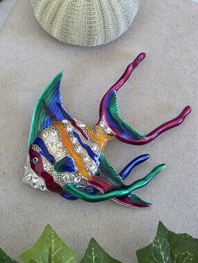 Large Statement Silver Colorful Enamel Angelfish Elegant Brooch Pin